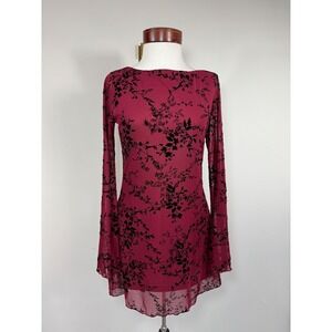 Rihoas Mesh Velvet Floral Mini Dress Burgundy Black Bell Sleeve Y2K Whimsigoth M